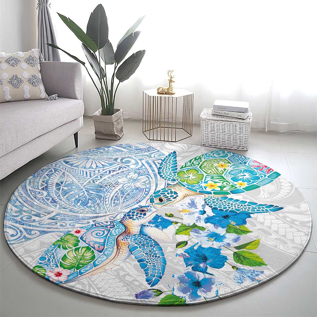 Hawaiian Couple Turtles Honi Round Carpet Polynesian Art Motifs and Hibiscus White Blue Color LT03 - Polynesian Pride