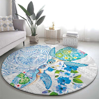 Hawaiian Couple Turtles Honi Round Carpet Polynesian Art Motifs and Hibiscus White Blue Color LT03 - Polynesian Pride