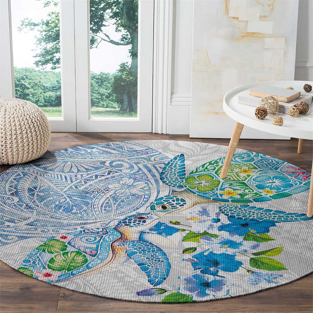 Hawaiian Couple Turtles Honi Round Carpet Polynesian Art Motifs and Hibiscus White Blue Color LT03 - Polynesian Pride