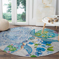 Hawaiian Couple Turtles Honi Round Carpet Polynesian Art Motifs and Hibiscus White Blue Color LT03 - Polynesian Pride
