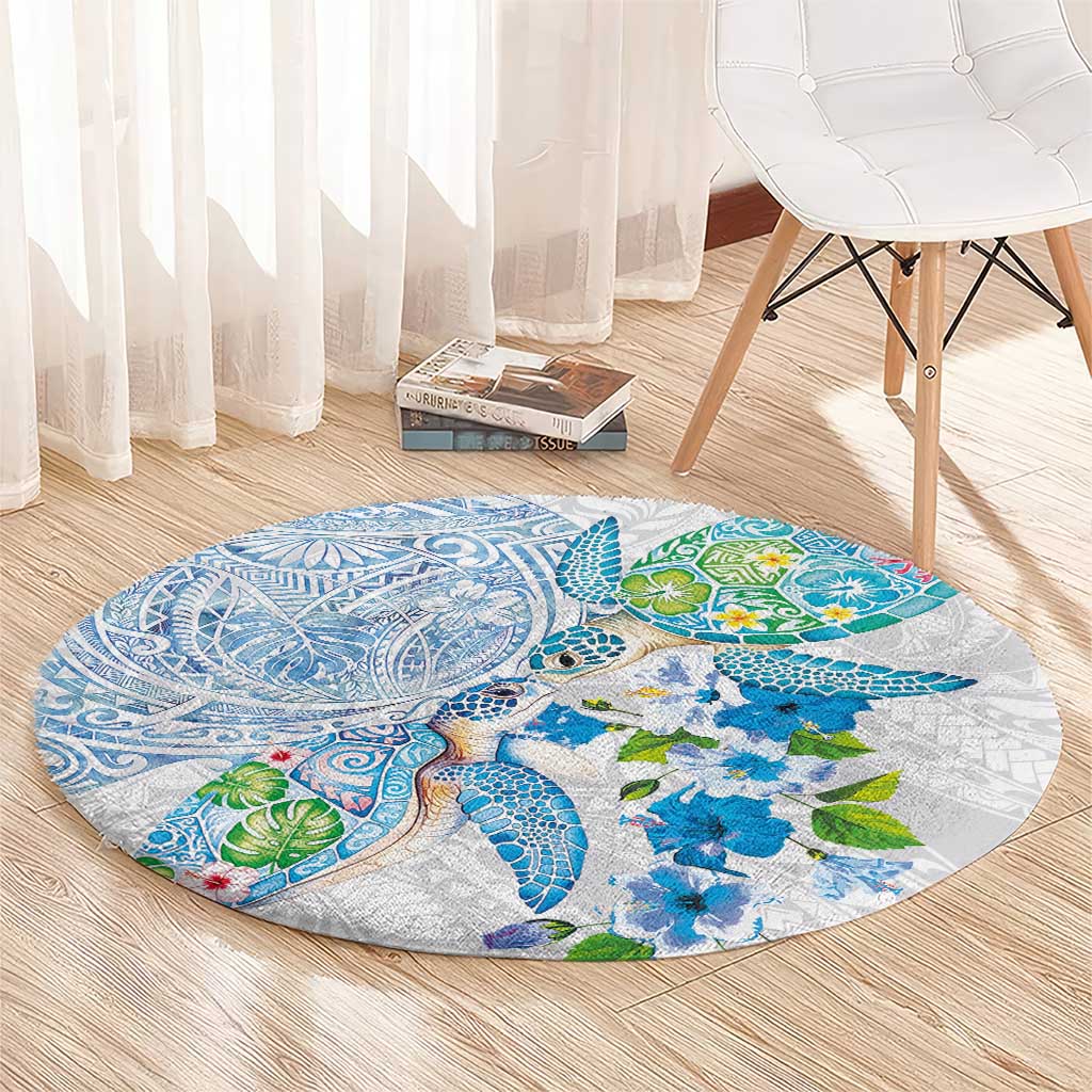 Hawaiian Couple Turtles Honi Round Carpet Polynesian Art Motifs and Hibiscus White Blue Color LT03 - Polynesian Pride