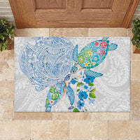 Hawaiian Couple Turtles Honi Rubber Doormat Polynesian Art Motifs and Hibiscus White Blue Color LT03 White - Polynesian Pride