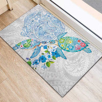 Hawaiian Couple Turtles Honi Rubber Doormat Polynesian Art Motifs and Hibiscus White Blue Color LT03 - Polynesian Pride