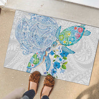 Hawaiian Couple Turtles Honi Rubber Doormat Polynesian Art Motifs and Hibiscus White Blue Color LT03 - Polynesian Pride