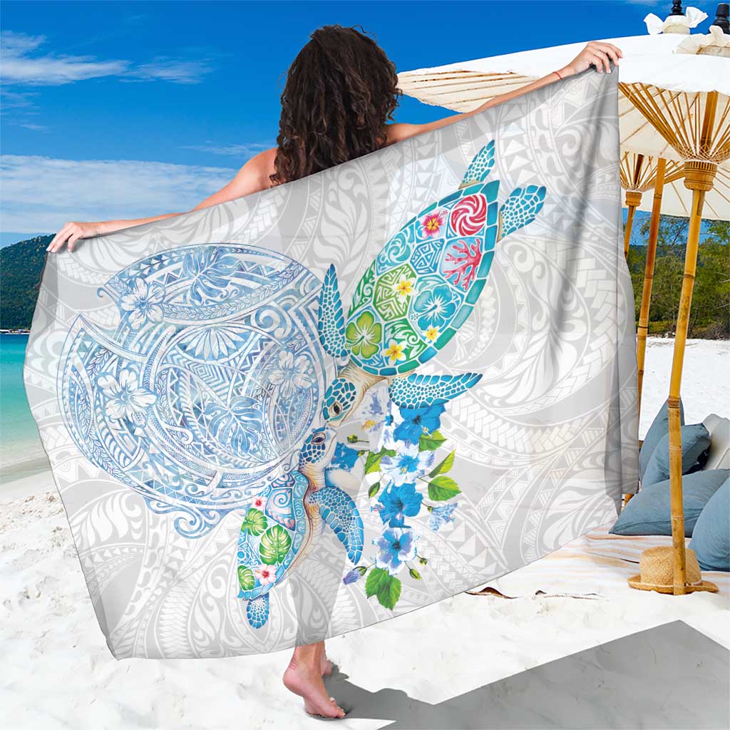 Hawaiian Couple Turtles Honi Sarong Polynesian Art Motifs and Hibiscus White Blue Color LT03 One Size 44 x 66 inches White - Polynesian Pride
