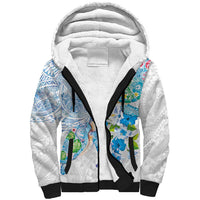 Hawaiian Couple Turtles Honi Sherpa Hoodie Polynesian Art Motifs and Hibiscus White Blue Color LT03 Unisex White - Polynesian Pride