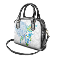 Hawaiian Couple Turtles Honi Shoulder Handbag Polynesian Art Motifs and Hibiscus White Blue Color LT03 - Polynesian Pride