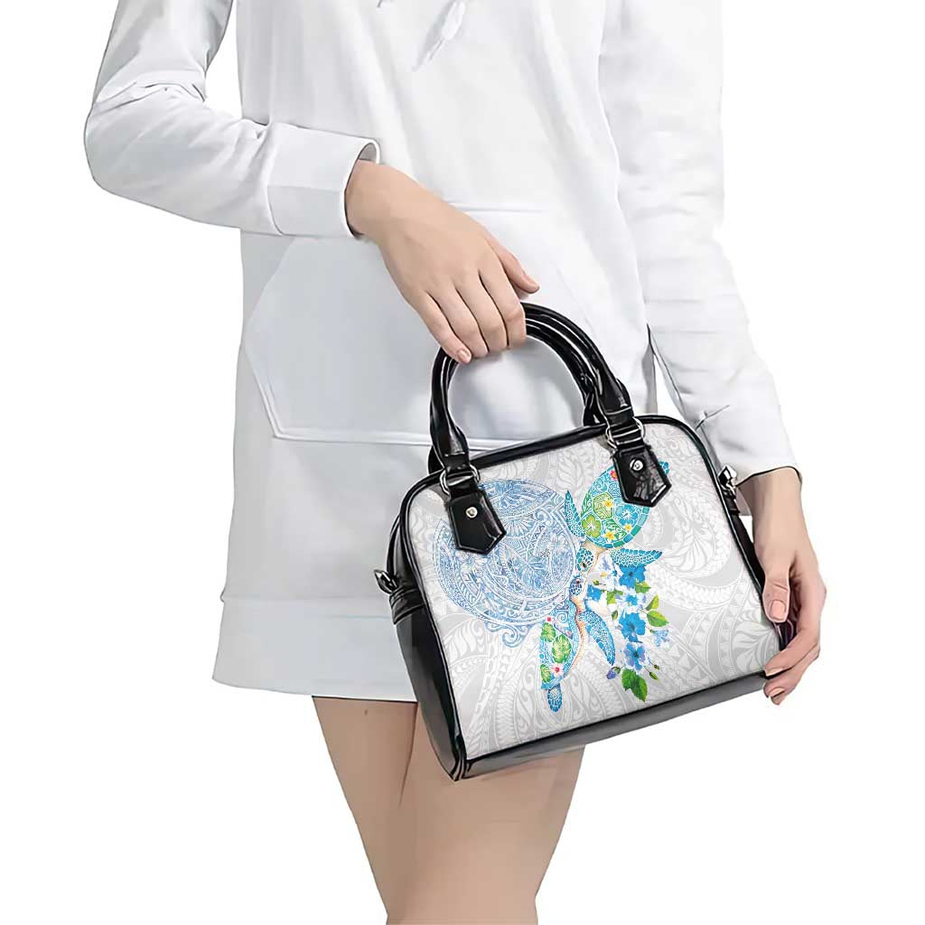 Hawaiian Couple Turtles Honi Shoulder Handbag Polynesian Art Motifs and Hibiscus White Blue Color LT03 - Polynesian Pride
