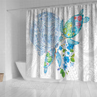Hawaiian Couple Turtles Honi Shower Curtain Polynesian Art Motifs and Hibiscus White Blue Color LT03 - Polynesian Pride