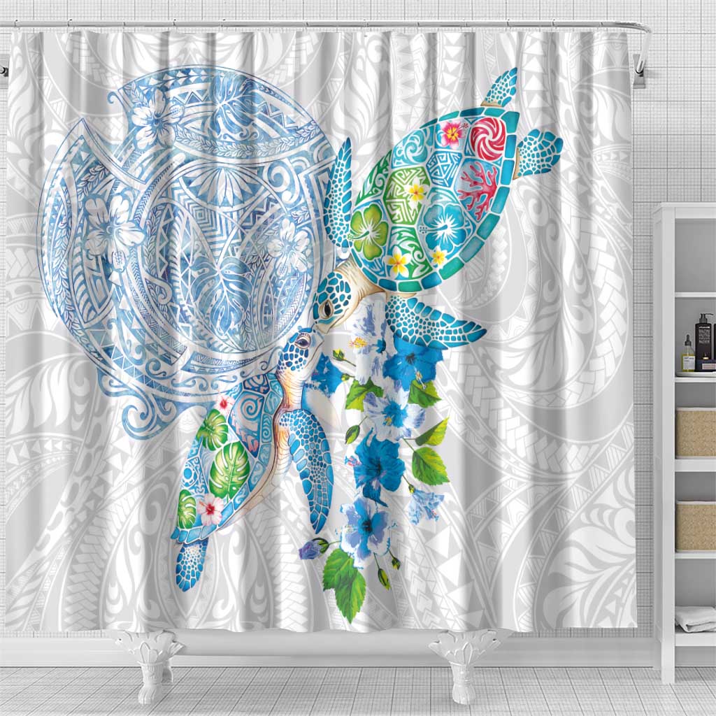 Hawaiian Couple Turtles Honi Shower Curtain Polynesian Art Motifs and Hibiscus White Blue Color LT03 - Polynesian Pride