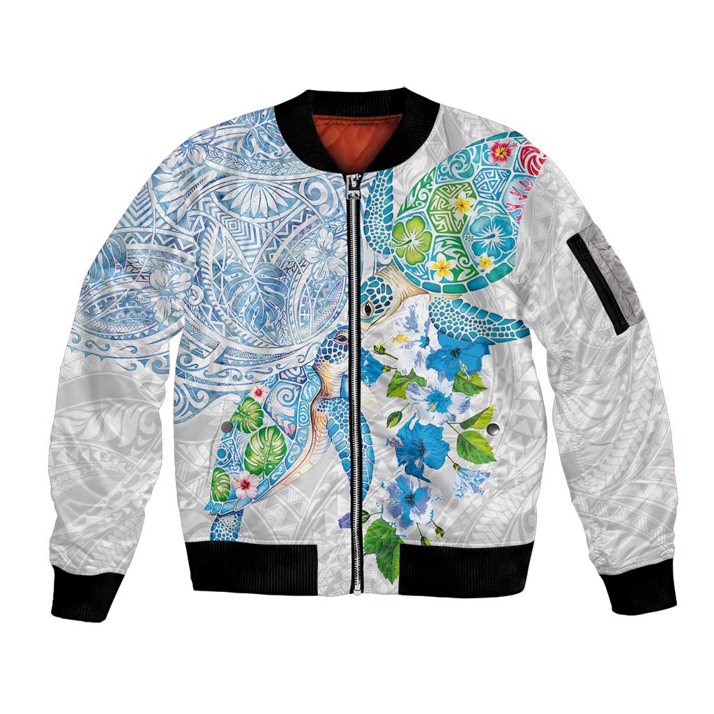 Hawaiian Couple Turtles Honi Sleeve Zip Bomber Jacket Polynesian Art Motifs and Hibiscus White Blue Color LT03 Unisex White - Polynesian Pride