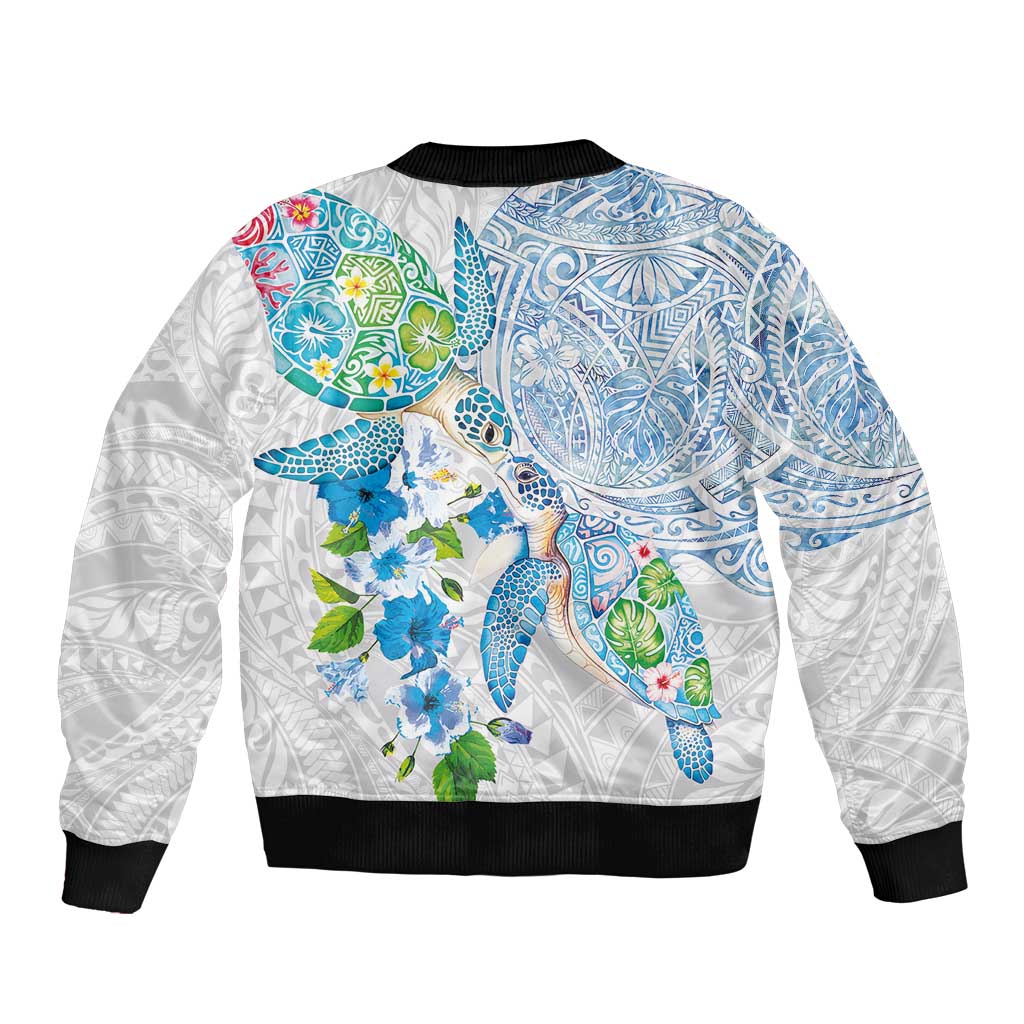 Hawaiian Couple Turtles Honi Sleeve Zip Bomber Jacket Polynesian Art Motifs and Hibiscus White Blue Color LT03 - Polynesian Pride