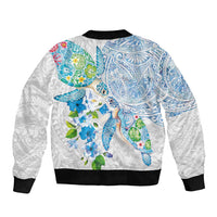 Hawaiian Couple Turtles Honi Sleeve Zip Bomber Jacket Polynesian Art Motifs and Hibiscus White Blue Color LT03 - Polynesian Pride