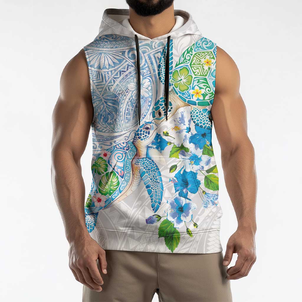 Hawaiian Couple Turtles Honi Sleeveless Hoodie Polynesian Art Motifs and Hibiscus White Blue Color LT03 - Polynesian Pride
