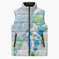 Hawaiian Couple Turtles Honi Sleeveless Puffer Jacket Polynesian Art Motifs and Hibiscus White Blue Color LT03 Unisex White - Polynesian Pride