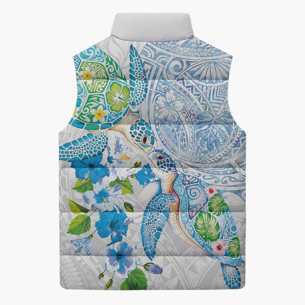 Hawaiian Couple Turtles Honi Sleeveless Puffer Jacket Polynesian Art Motifs and Hibiscus White Blue Color LT03 - Polynesian Pride