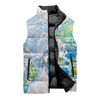 Hawaiian Couple Turtles Honi Sleeveless Puffer Jacket Polynesian Art Motifs and Hibiscus White Blue Color LT03 - Polynesian Pride