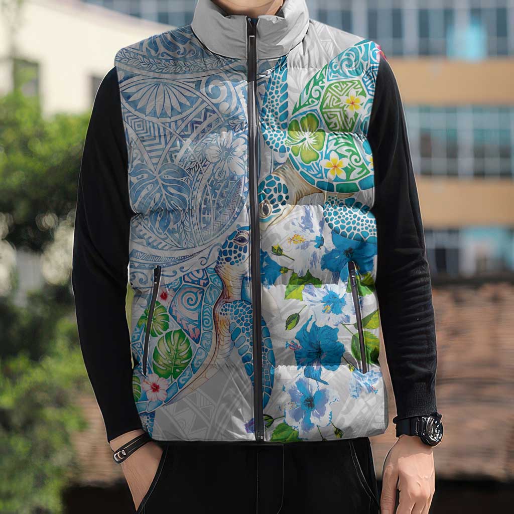 Hawaiian Couple Turtles Honi Sleeveless Puffer Jacket Polynesian Art Motifs and Hibiscus White Blue Color LT03 - Polynesian Pride