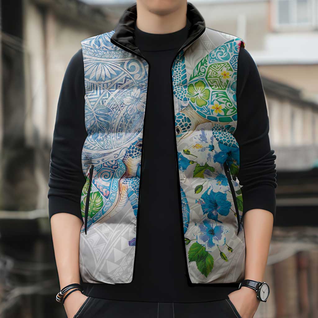 Hawaiian Couple Turtles Honi Sleeveless Puffer Jacket Polynesian Art Motifs and Hibiscus White Blue Color LT03 - Polynesian Pride