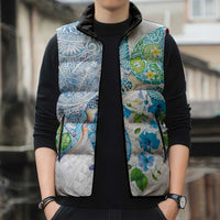 Hawaiian Couple Turtles Honi Sleeveless Puffer Jacket Polynesian Art Motifs and Hibiscus White Blue Color LT03 - Polynesian Pride