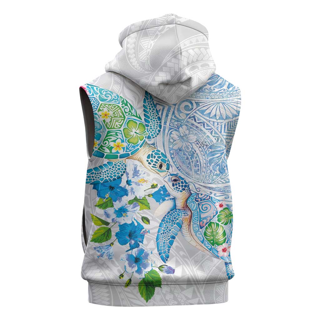Hawaiian Couple Turtles Honi Sleeveless Zip Hoodie Polynesian Art Motifs and Hibiscus White Blue Color LT03 - Polynesian Pride