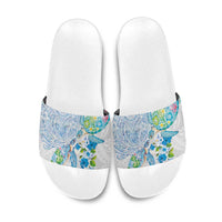 Hawaiian Couple Turtles Honi Slide Sandals Polynesian Art Motifs and Hibiscus White Blue Color LT03 White - Polynesian Pride