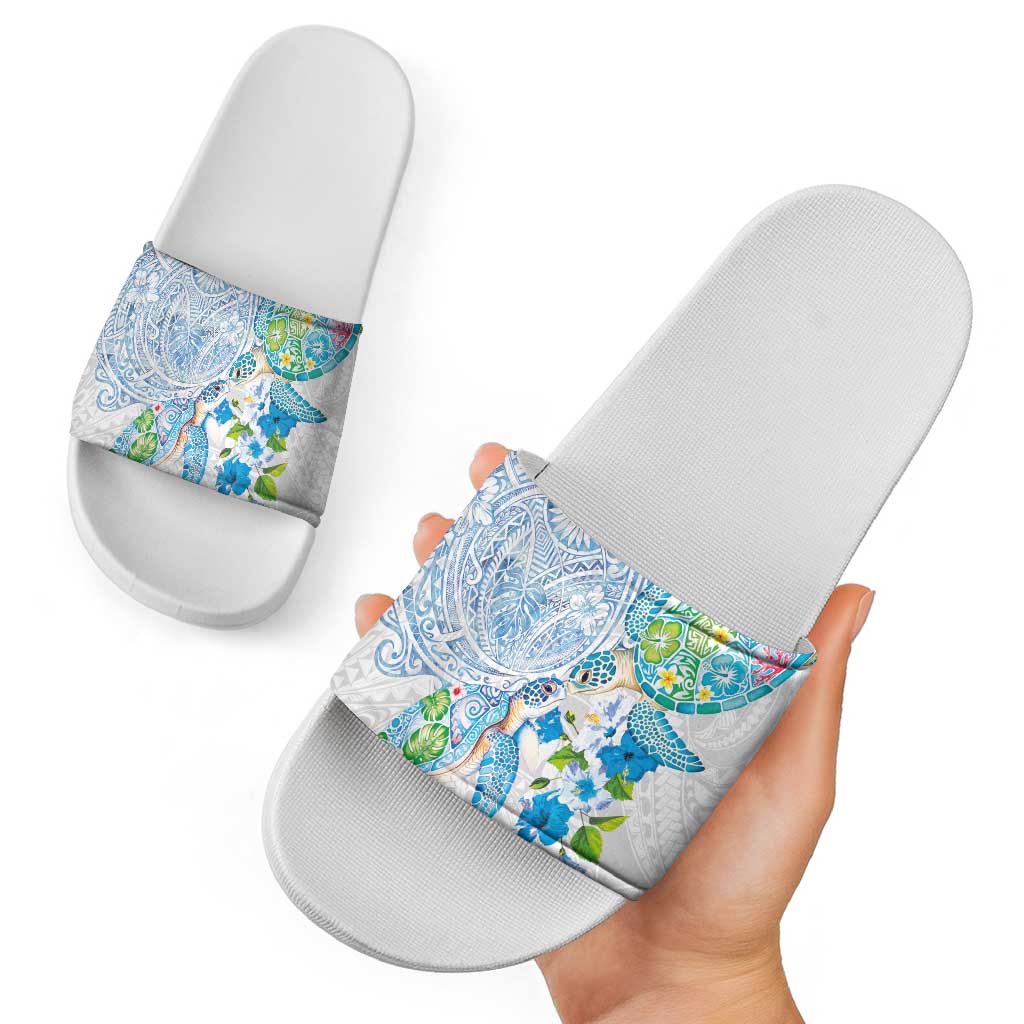 Hawaiian Couple Turtles Honi Slide Sandals Polynesian Art Motifs and Hibiscus White Blue Color LT03 - Polynesian Pride