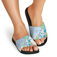 Hawaiian Couple Turtles Honi Slide Sandals Polynesian Art Motifs and Hibiscus White Blue Color LT03 - Polynesian Pride