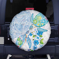 Hawaiian Couple Turtles Honi Spare Tire Cover Polynesian Art Motifs and Hibiscus White Blue Color LT03 No hole White - Polynesian Pride