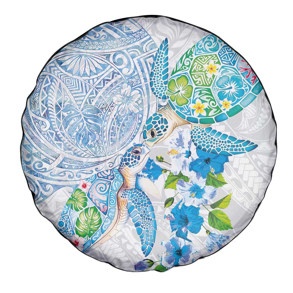Hawaiian Couple Turtles Honi Spare Tire Cover Polynesian Art Motifs and Hibiscus White Blue Color LT03 - Polynesian Pride