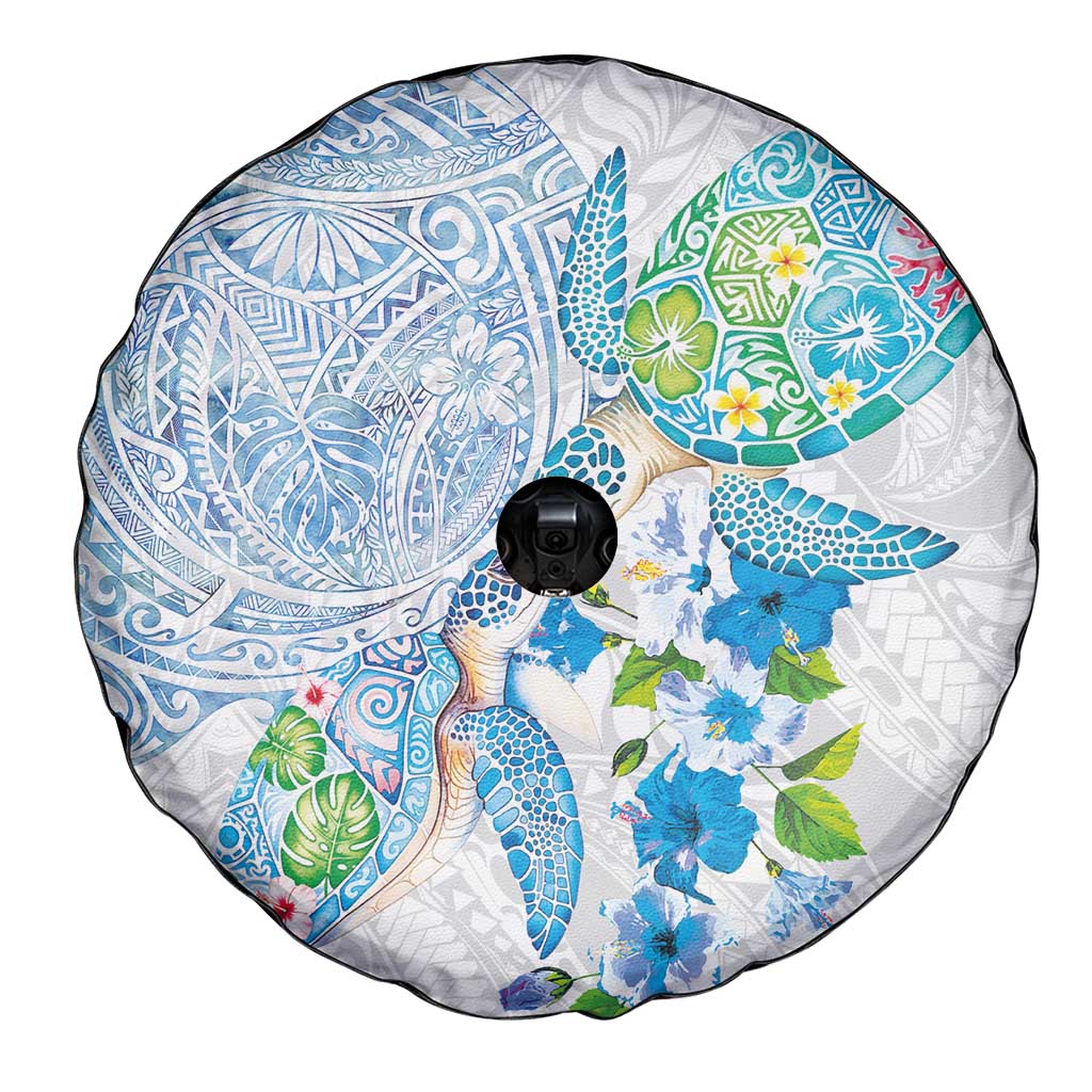 Hawaiian Couple Turtles Honi Spare Tire Cover Polynesian Art Motifs and Hibiscus White Blue Color LT03 - Polynesian Pride