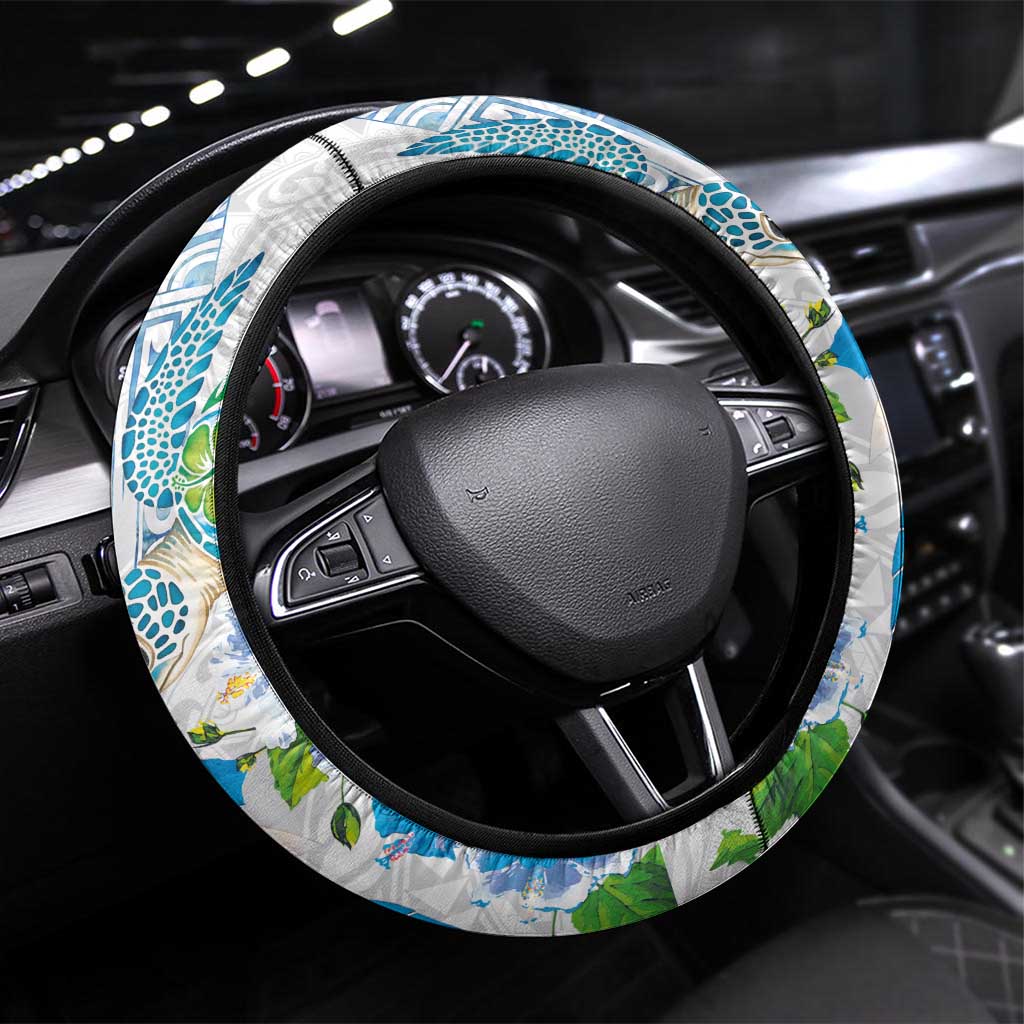 Hawaiian Couple Turtles Honi Steering Wheel Cover Polynesian Art Motifs and Hibiscus White Blue Color LT03 Universal Fit White - Polynesian Pride