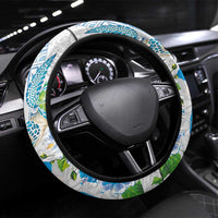 Hawaiian Couple Turtles Honi Steering Wheel Cover Polynesian Art Motifs and Hibiscus White Blue Color LT03 Universal Fit White - Polynesian Pride