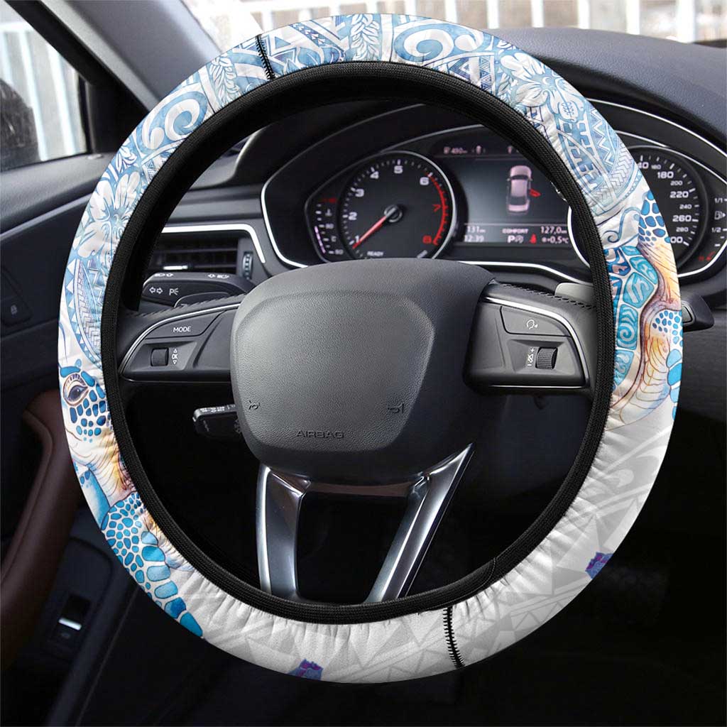Hawaiian Couple Turtles Honi Steering Wheel Cover Polynesian Art Motifs and Hibiscus White Blue Color LT03 - Polynesian Pride