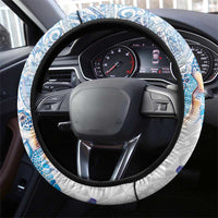 Hawaiian Couple Turtles Honi Steering Wheel Cover Polynesian Art Motifs and Hibiscus White Blue Color LT03 - Polynesian Pride