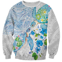 Hawaiian Couple Turtles Honi Sweatshirt Polynesian Art Motifs and Hibiscus White Blue Color LT03 Unisex White - Polynesian Pride
