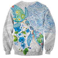 Hawaiian Couple Turtles Honi Sweatshirt Polynesian Art Motifs and Hibiscus White Blue Color LT03 - Polynesian Pride