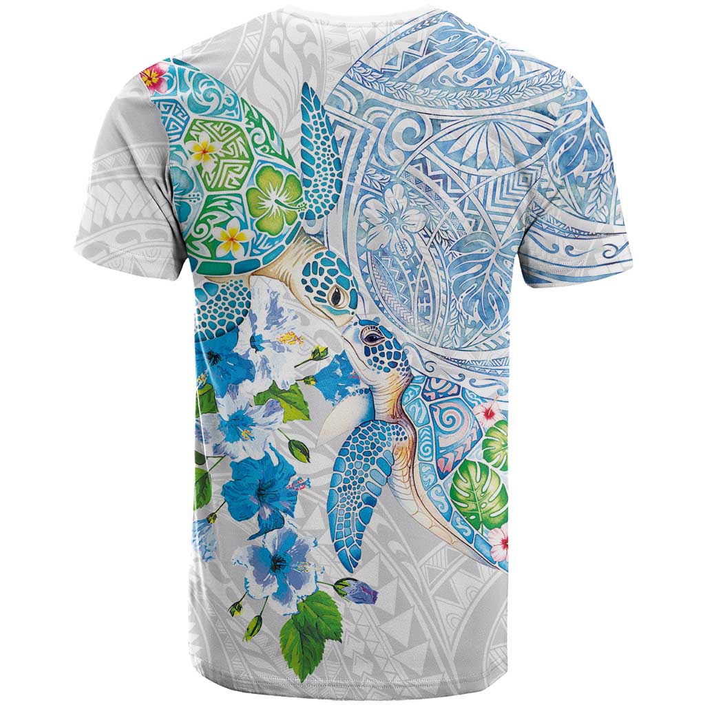 Hawaiian Couple Turtles Honi T Shirt Polynesian Art Motifs and Hibiscus White Blue Color LT03 - Polynesian Pride