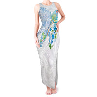 Hawaiian Couple Turtles Honi Tank Maxi Dress Polynesian Art Motifs and Hibiscus White Blue Color LT03 Women White - Polynesian Pride
