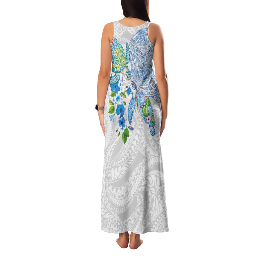 Hawaiian Couple Turtles Honi Tank Maxi Dress Polynesian Art Motifs and Hibiscus White Blue Color LT03 - Polynesian Pride