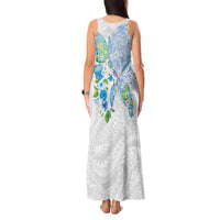 Hawaiian Couple Turtles Honi Tank Maxi Dress Polynesian Art Motifs and Hibiscus White Blue Color LT03 - Polynesian Pride