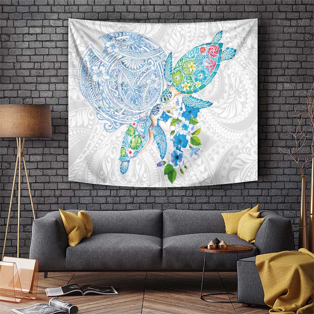 Hawaiian Couple Turtles Honi Tapestry Polynesian Art Motifs and Hibiscus White Blue Color LT03 White - Polynesian Pride