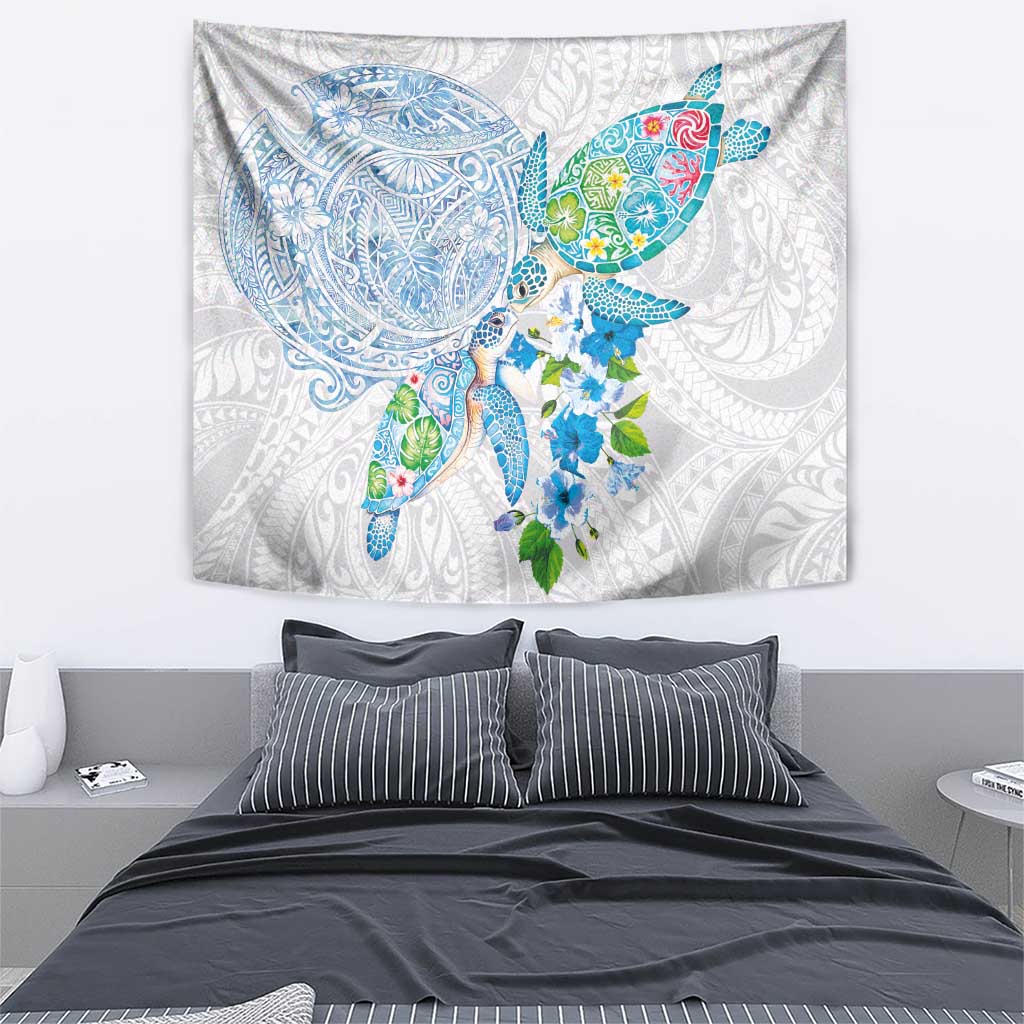 Hawaiian Couple Turtles Honi Tapestry Polynesian Art Motifs and Hibiscus White Blue Color LT03 - Polynesian Pride