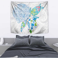 Hawaiian Couple Turtles Honi Tapestry Polynesian Art Motifs and Hibiscus White Blue Color LT03 - Polynesian Pride