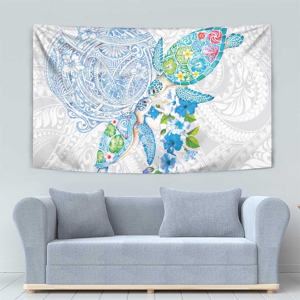 Hawaiian Couple Turtles Honi Tapestry Polynesian Art Motifs and Hibiscus White Blue Color LT03 - Polynesian Pride
