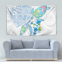 Hawaiian Couple Turtles Honi Tapestry Polynesian Art Motifs and Hibiscus White Blue Color LT03 - Polynesian Pride