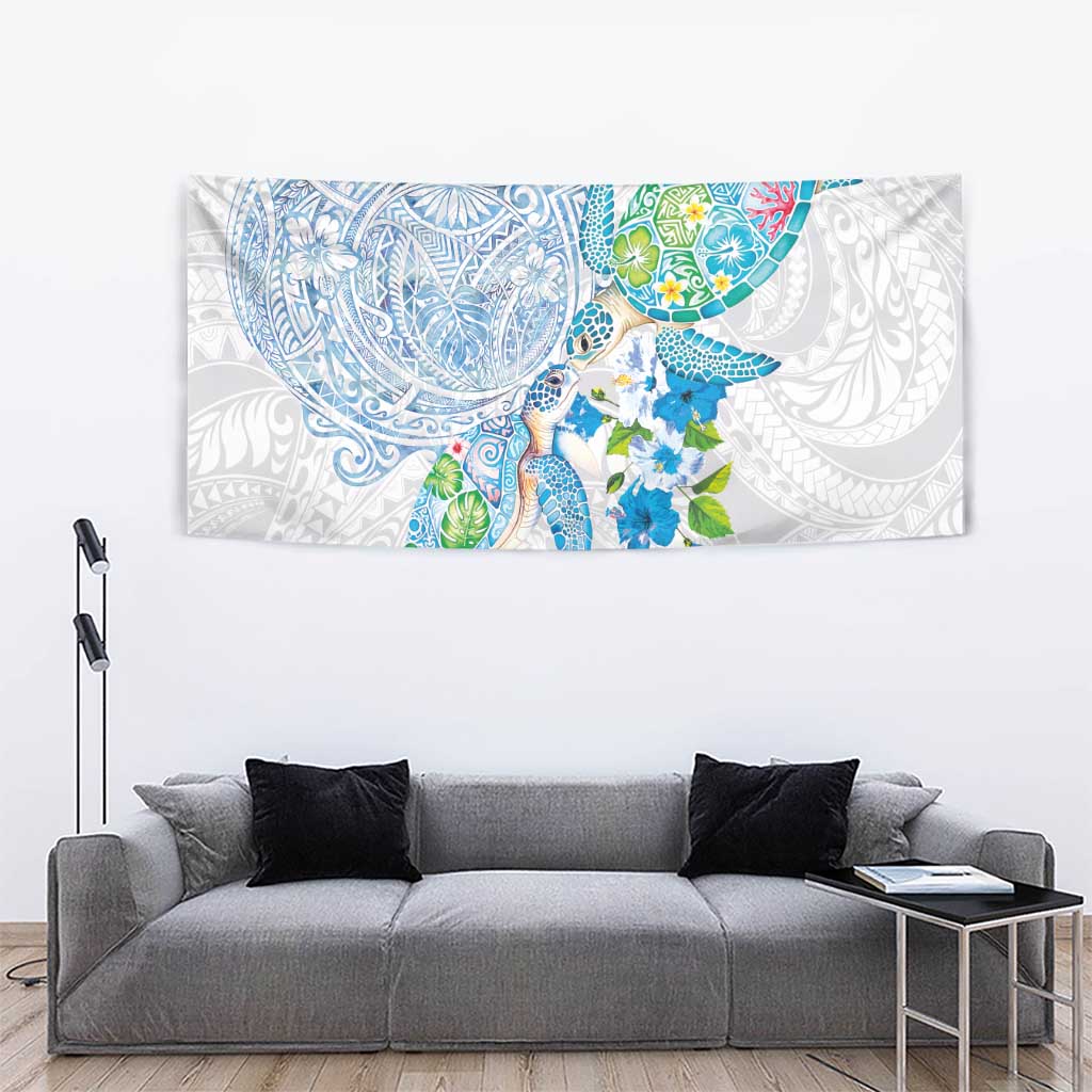 Hawaiian Couple Turtles Honi Tapestry Polynesian Art Motifs and Hibiscus White Blue Color LT03 - Polynesian Pride