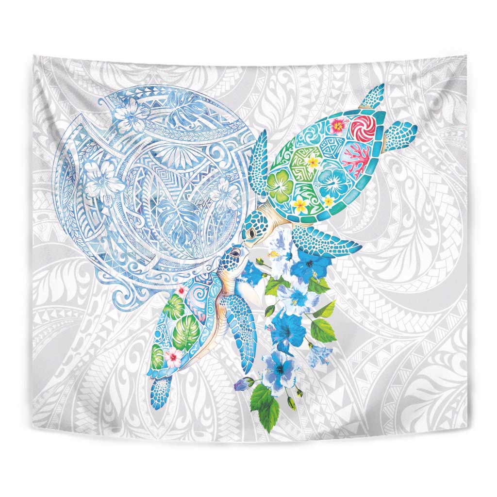Hawaiian Couple Turtles Honi Tapestry Polynesian Art Motifs and Hibiscus White Blue Color LT03 - Polynesian Pride