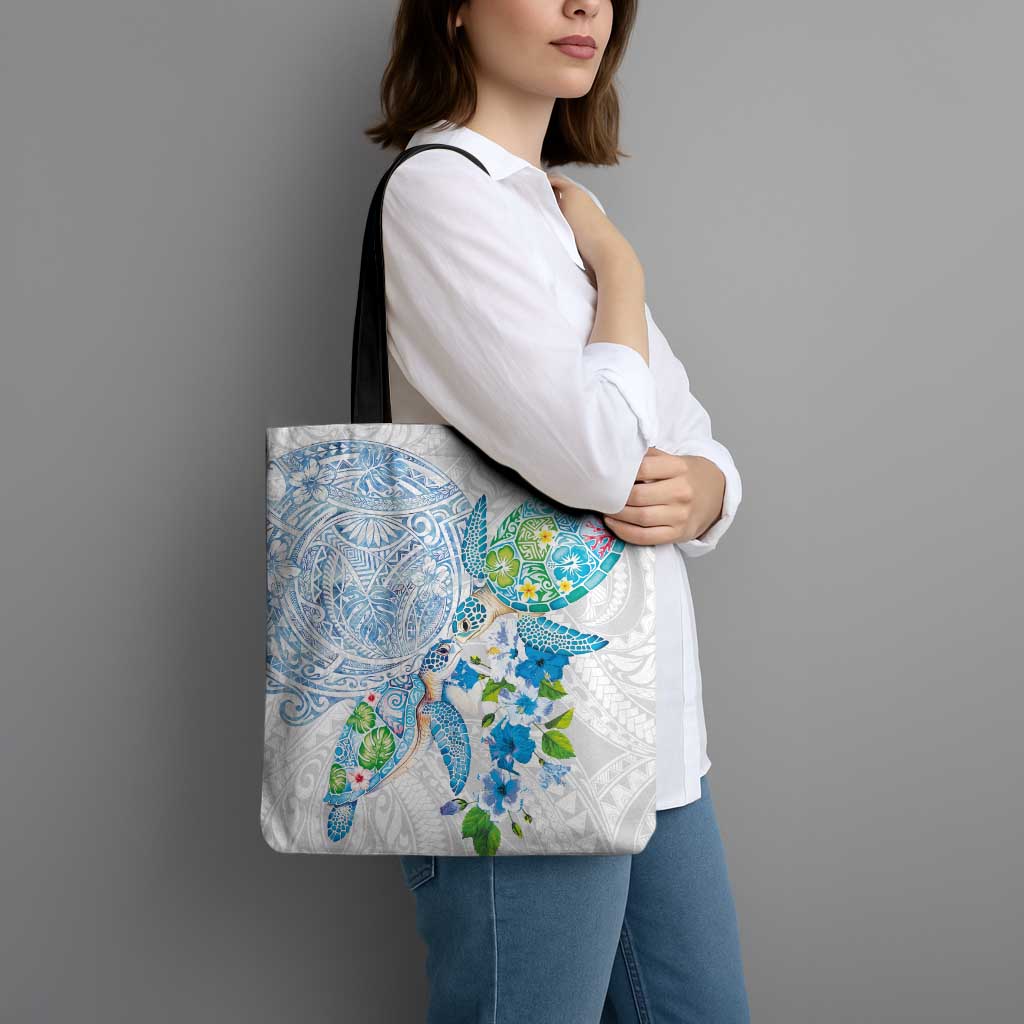 Hawaiian Couple Turtles Honi Tote Bag Polynesian Art Motifs and Hibiscus White Blue Color LT03 - Polynesian Pride