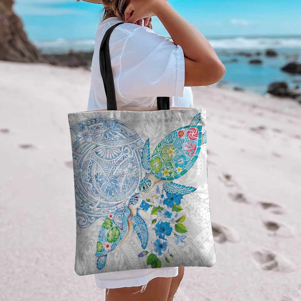 Hawaiian Couple Turtles Honi Tote Bag Polynesian Art Motifs and Hibiscus White Blue Color LT03 - Polynesian Pride
